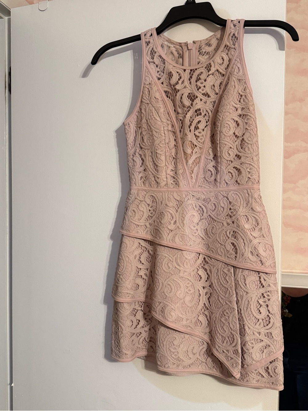 BCBGMaxAzria Blush Lace Tiered Mini Dress